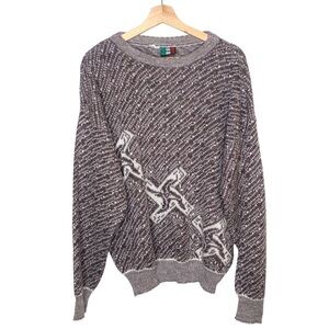 VINTAGE 80s Colore Italian Mens Grey Brown Crewneck Grandpa Intarsia Sweater XL